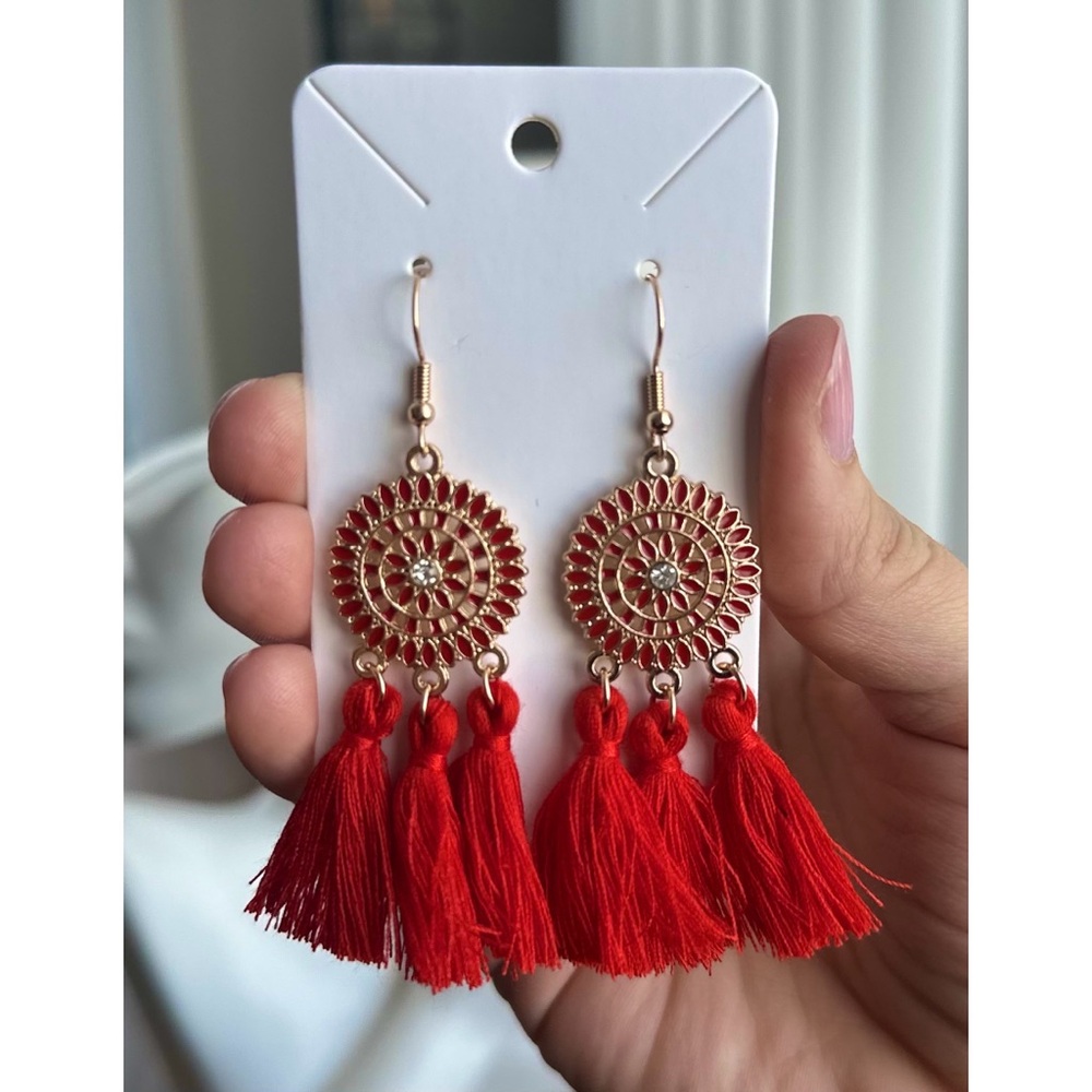 🆕 Boho Red Gold Dangle Earrings
